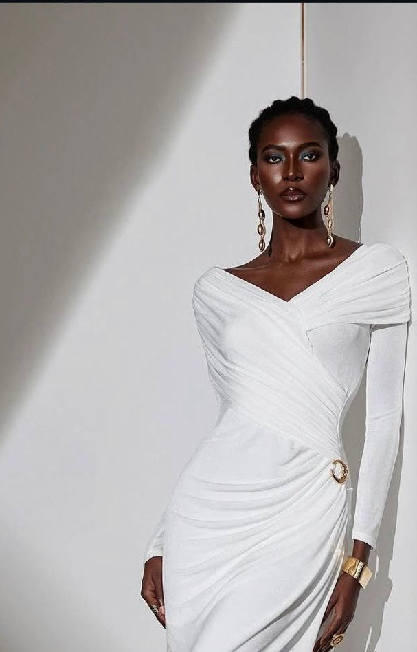 Luxury Draped Off-Shoulder Long Sleeve Maxi Dress